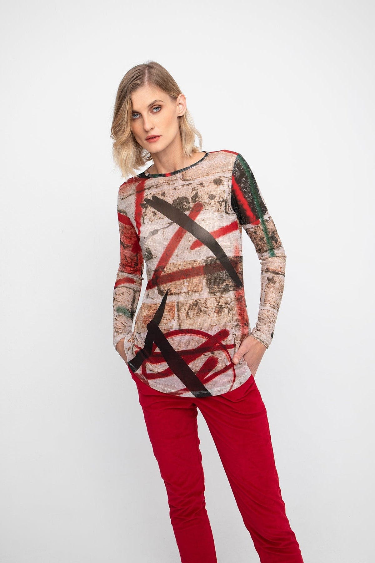 OZAI N KU Graffiti Print Mesh Top