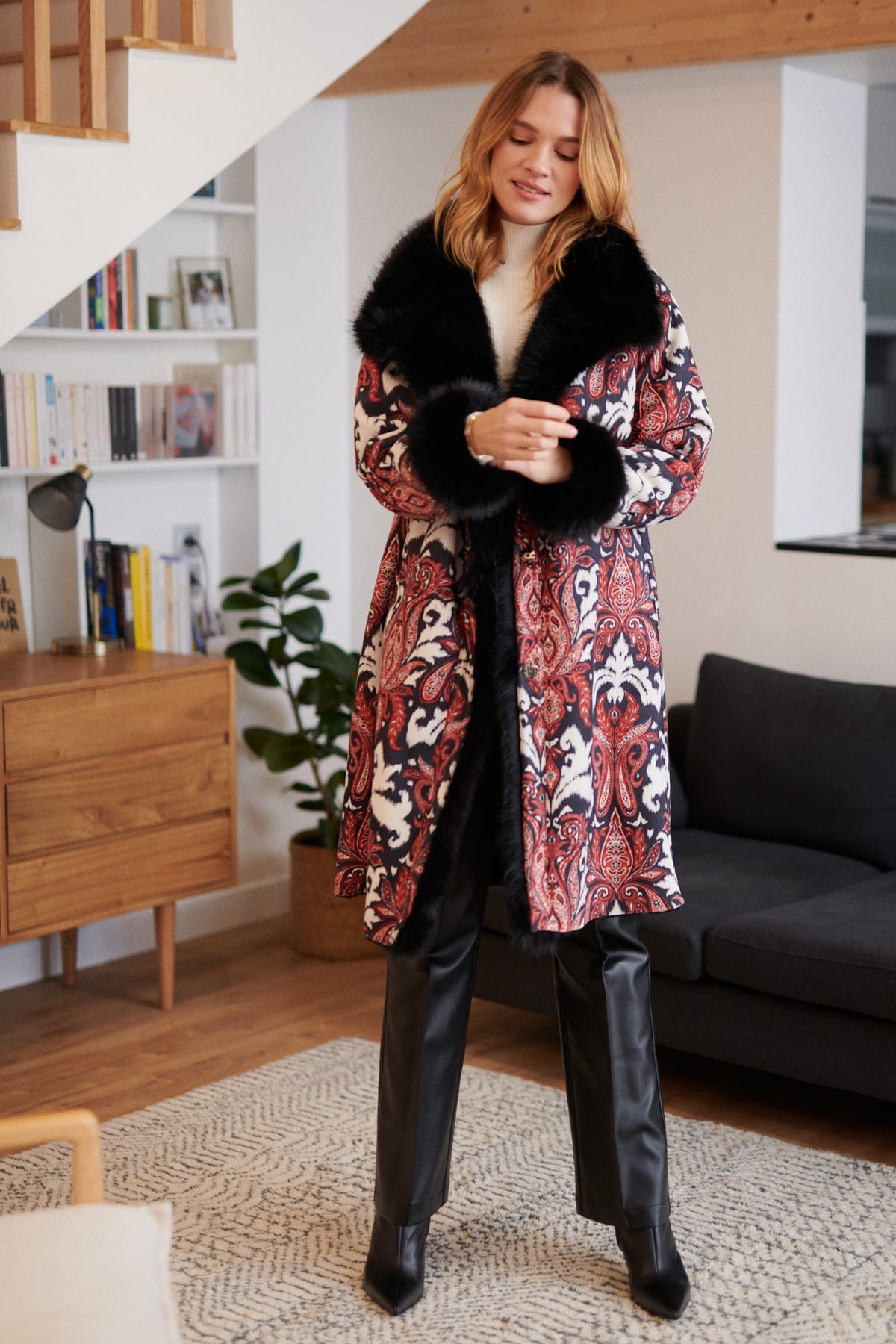 Derhy Paisley Faux Fur Coat