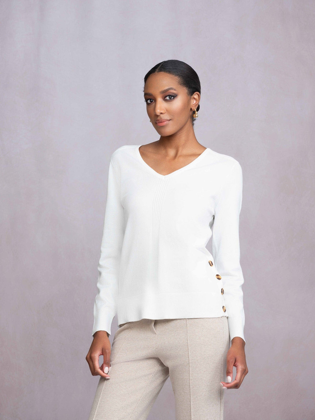 Alison Sheri Button Side V-Neck Knit