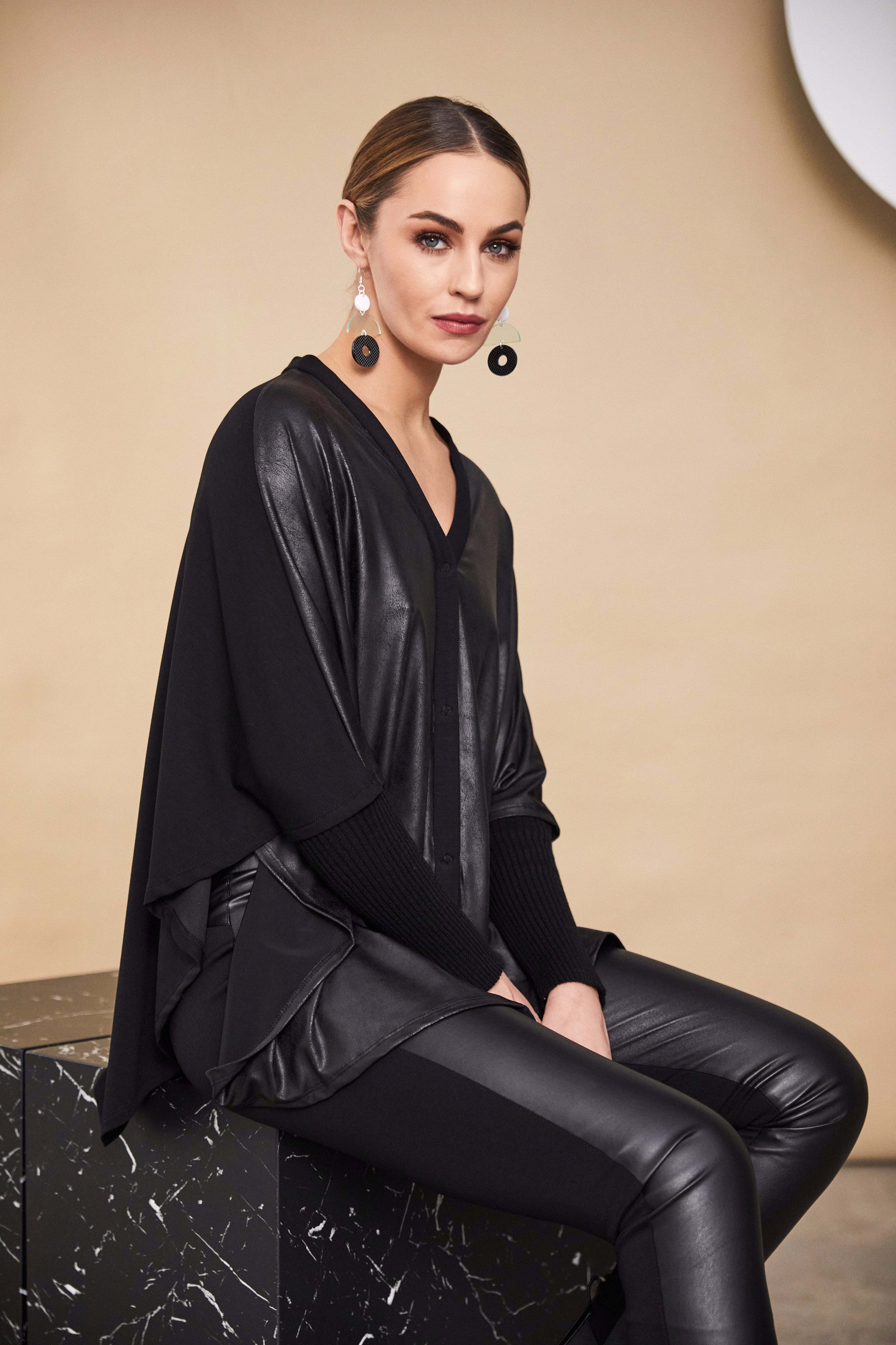 Black cardigan with leather sleeves hotsell