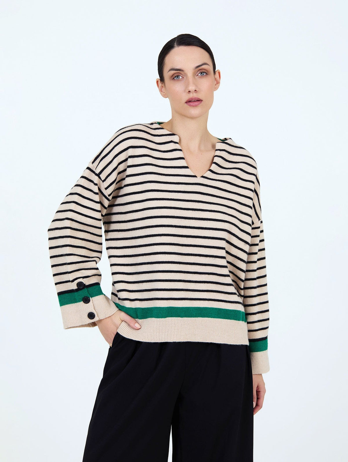 Skatie V-Neck Knit With Contrast Stripe