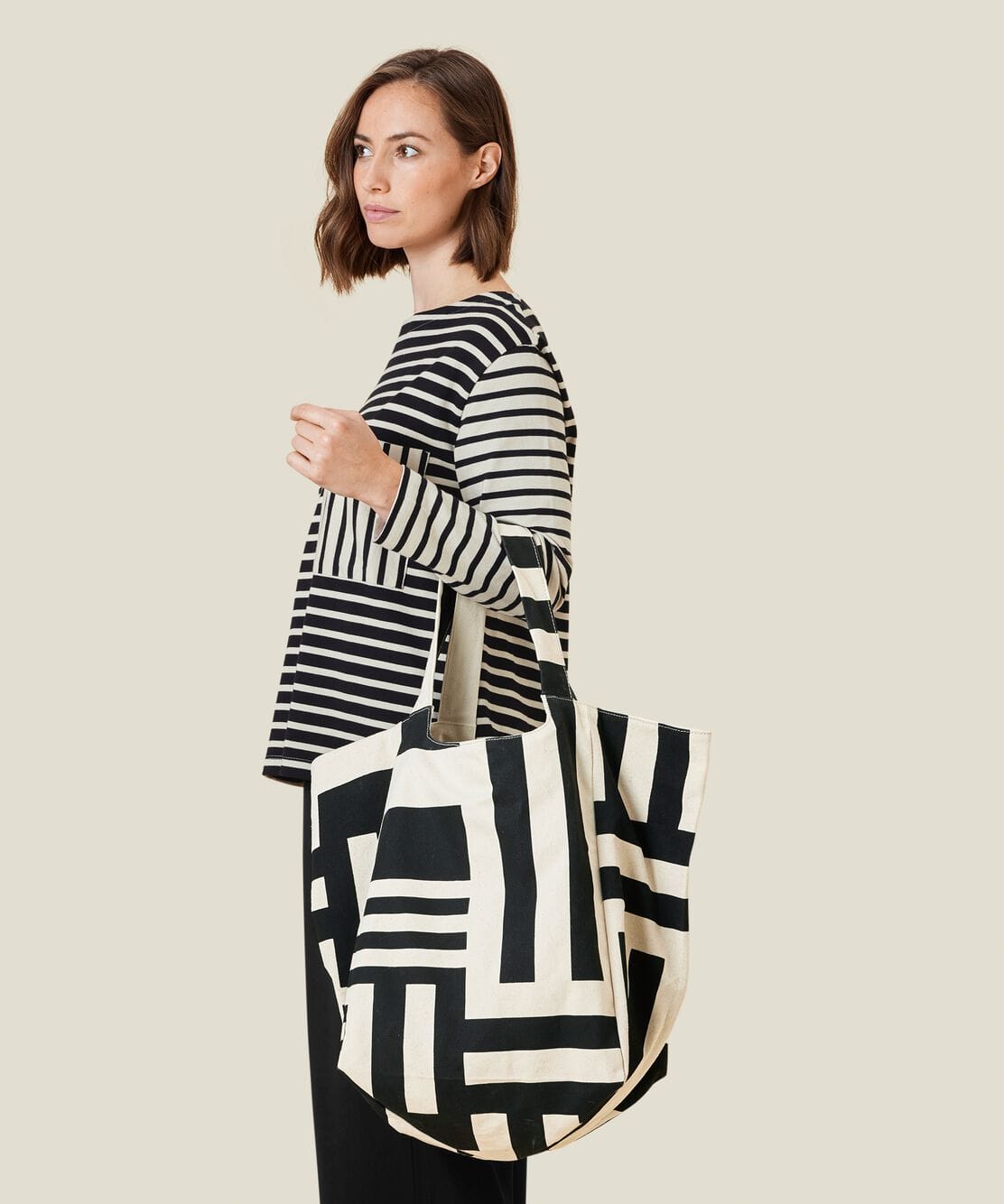 Black and white striped canvas tote best sale